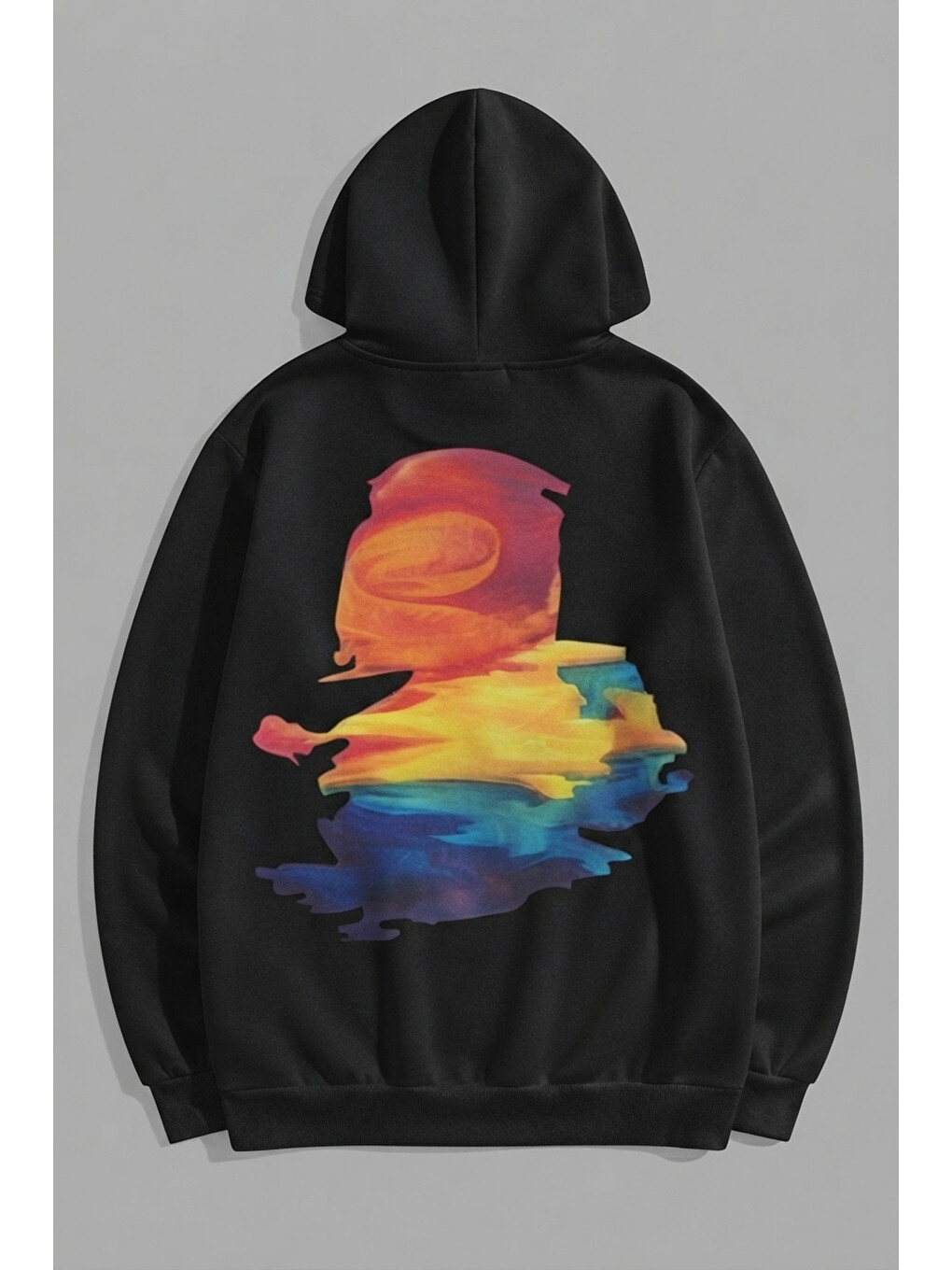 Unisex 3 İplik Pamuklu Siyah Boya Baskı Bol Kalıp Sweatshirt Hoodie