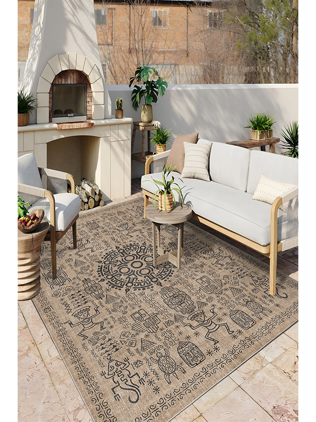 Kahverengi Dekoratif Salon Halısı, Makinada Yıkanabilir, Kaymaz Taban, İnce & Modern Tasarım-3