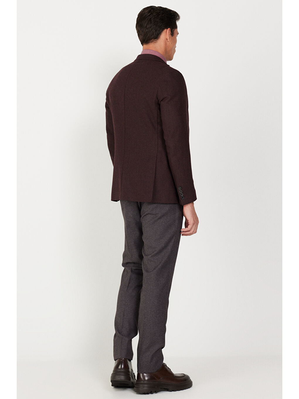 Erkek Bordo-Gri Slim Fit Dar Kesim Mono Yaka Desenli Yelekli Takım Elbise-1