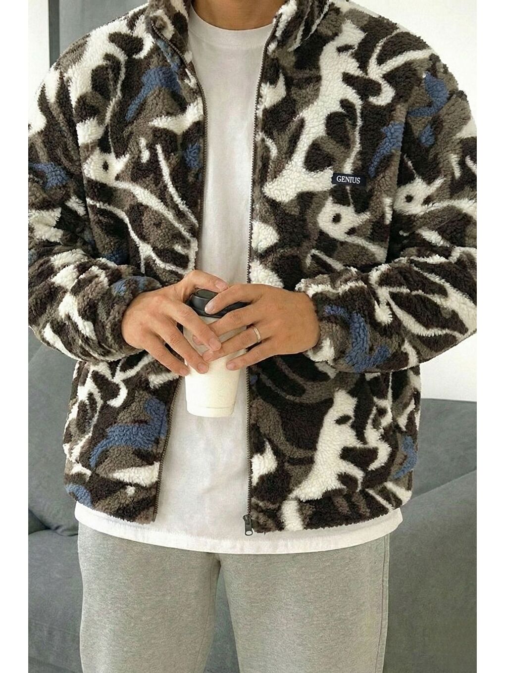 Bej Oversize Pelüş Tam Fermuarlı Sweatshirt Pelüş İçi Polarlı Sherpa Kumaş Sweatshirt