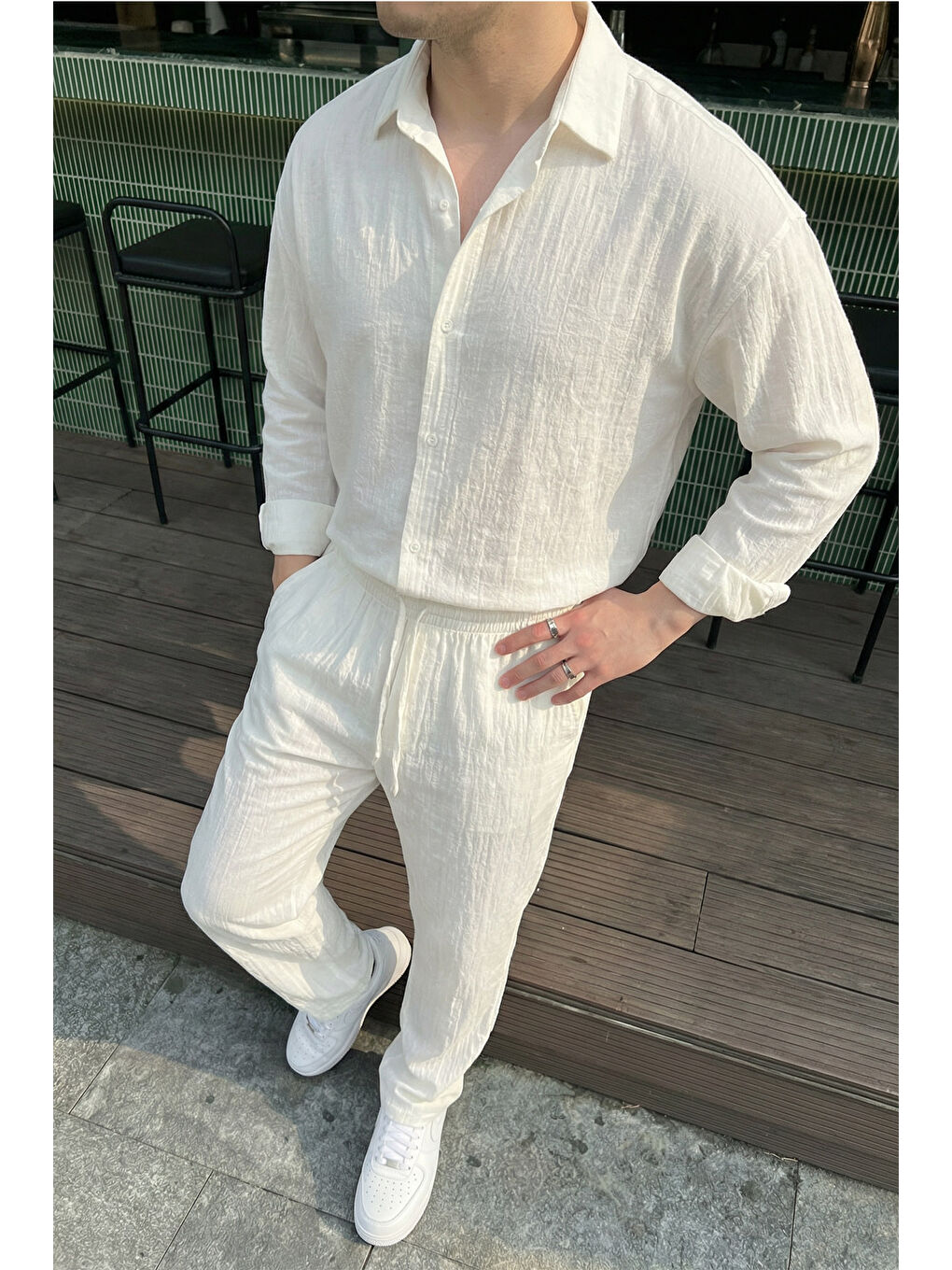 Beyaz Sonora %100 Pamuk Oversize Krinkıl Erkek Alt Üst Takım