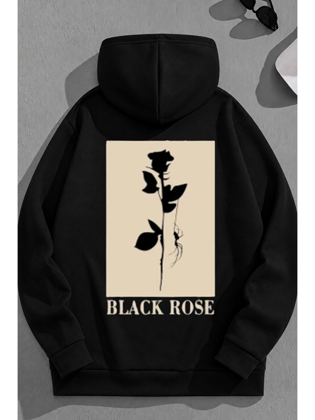 Unisex 3 İplik Pamuklu Siyah Blackrose Baskı Bol Kalıp Sweatshirt Hoodie