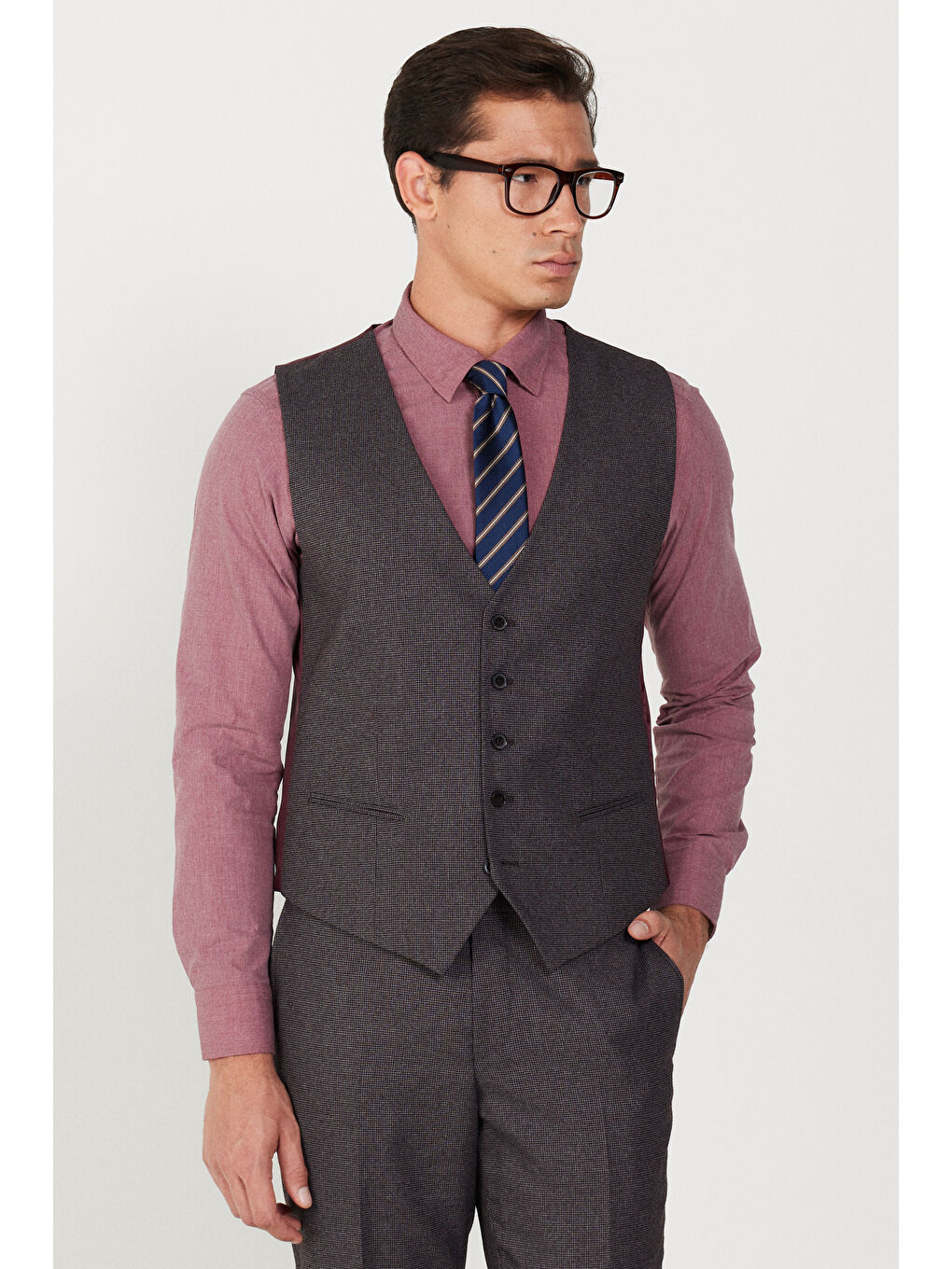 Erkek Bordo-Gri Slim Fit Dar Kesim Mono Yaka Desenli Yelekli Takım Elbise-4