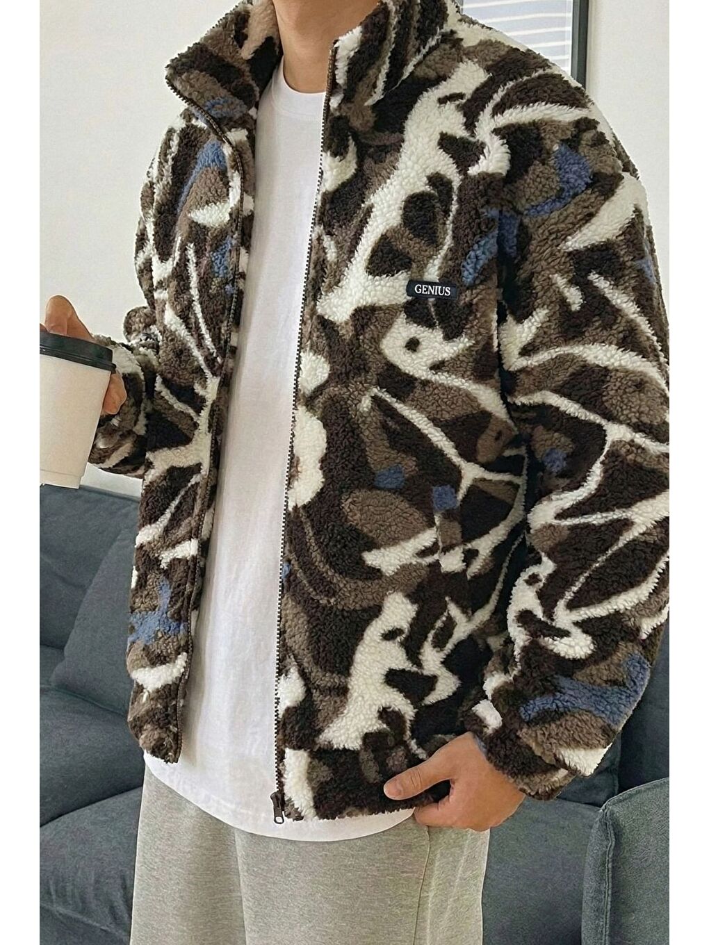 Bej Oversize Pelüş Tam Fermuarlı Sweatshirt Pelüş İçi Polarlı Sherpa Kumaş Sweatshirt-1