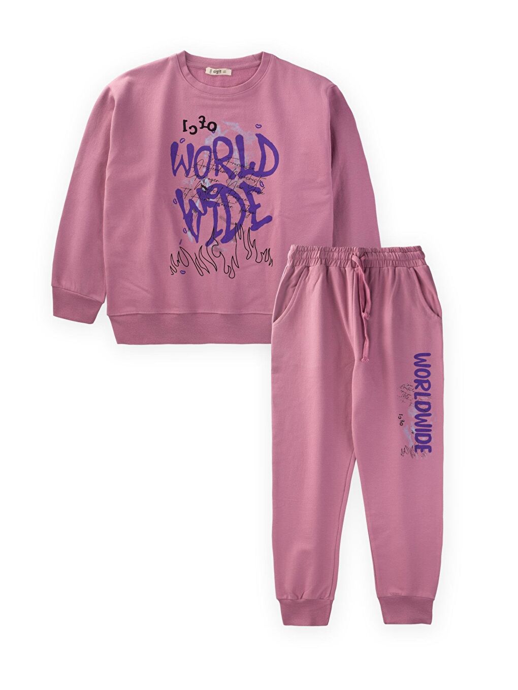 CİGİT Pembe World Wide Baskılı Sweatshirt Takım 9-14 Yaş Gül Kurusu