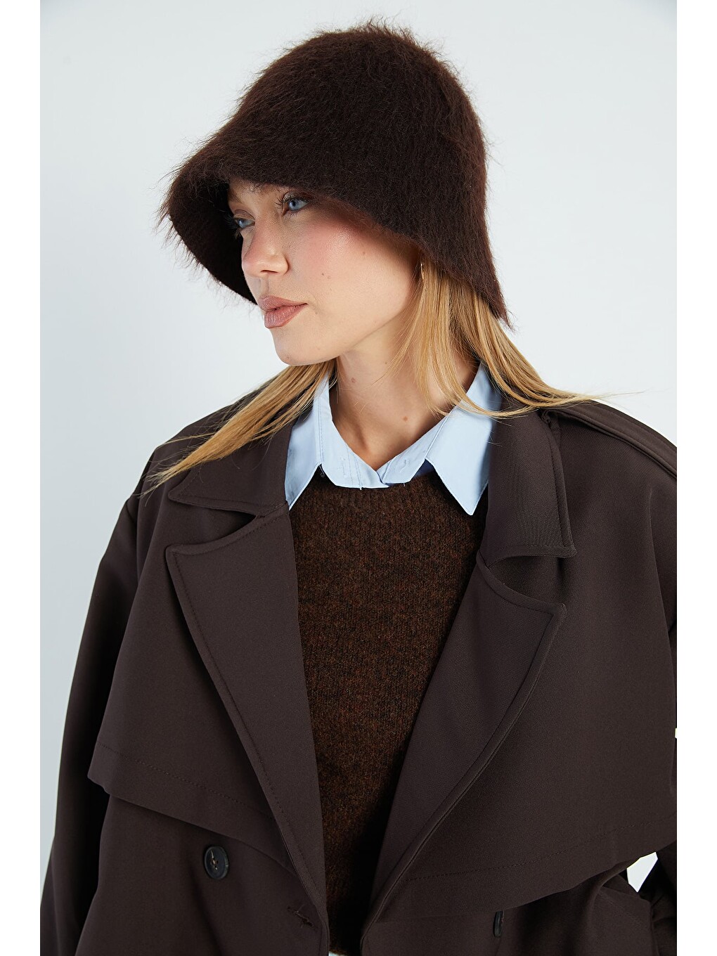 Kahverengi Beli Kemerli Kruvaze Yaka Oversize Trençkot-4