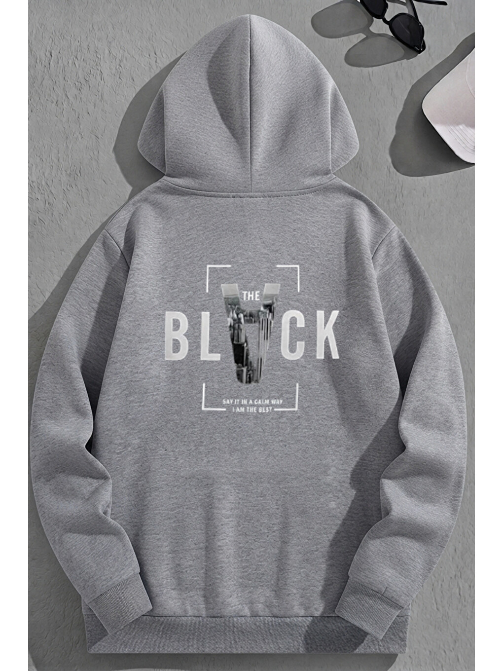 Unisex 3 İplik Pamuklu Gri Sırtblack Baskı Bol Kalıp Sweatshirt Hoodie