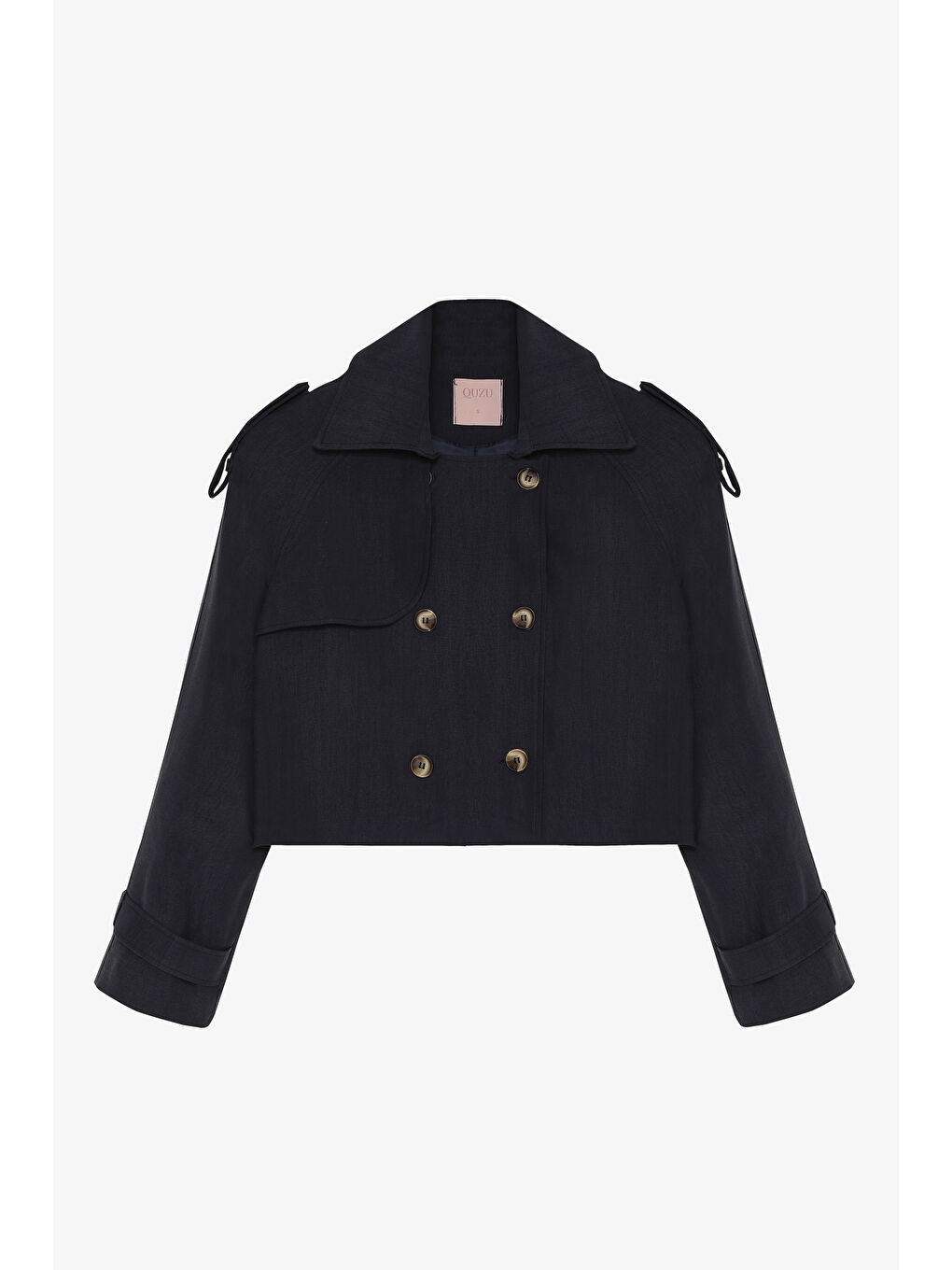 Çift Düğmeli Kruvaze Yaka Kısa Trençkot Lacivert