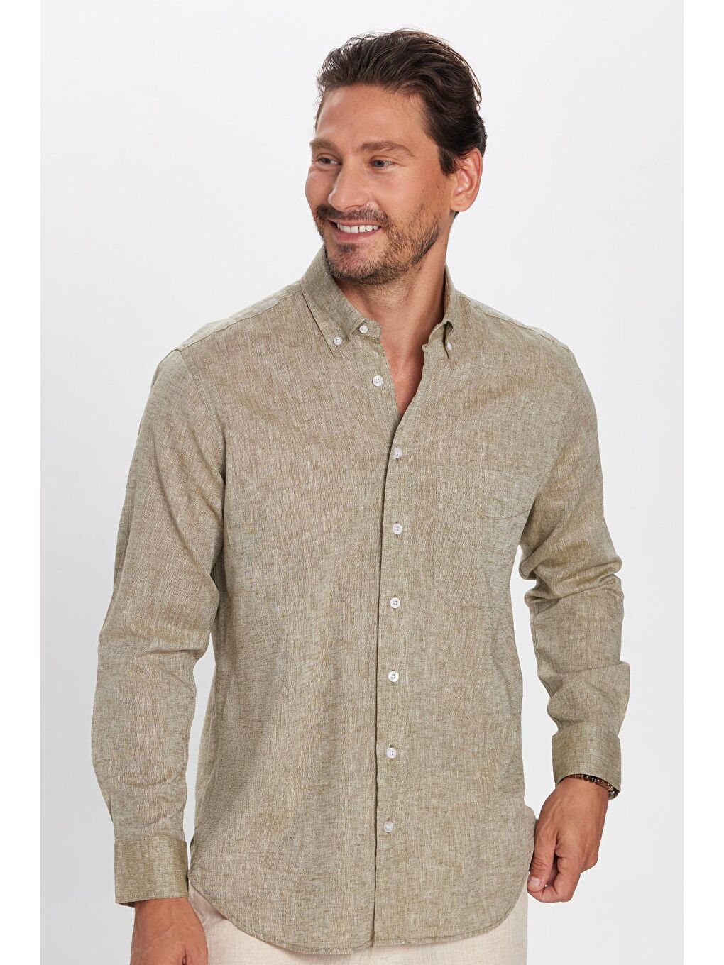 Erkek Regular Fit Klasik Kesim Pamuklu Keten Doku Düğmeli Yaka Yeşil Gömlek