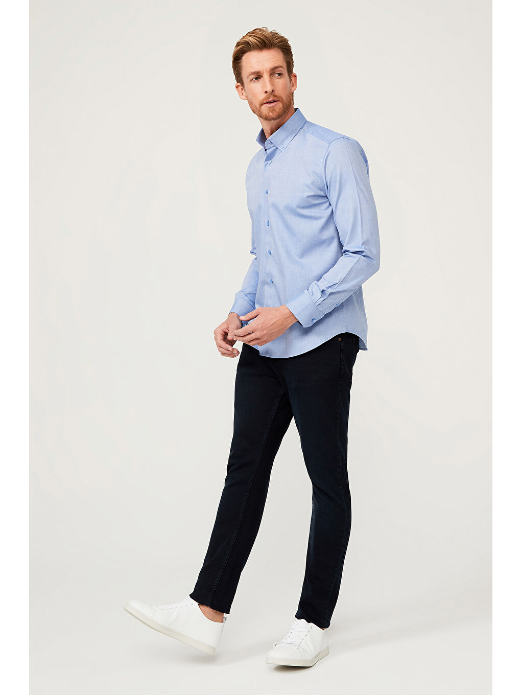 Mavi Uzun Kol Slim Fit Dar Kesim Pamuk %100 Pamuk Gömlek-2