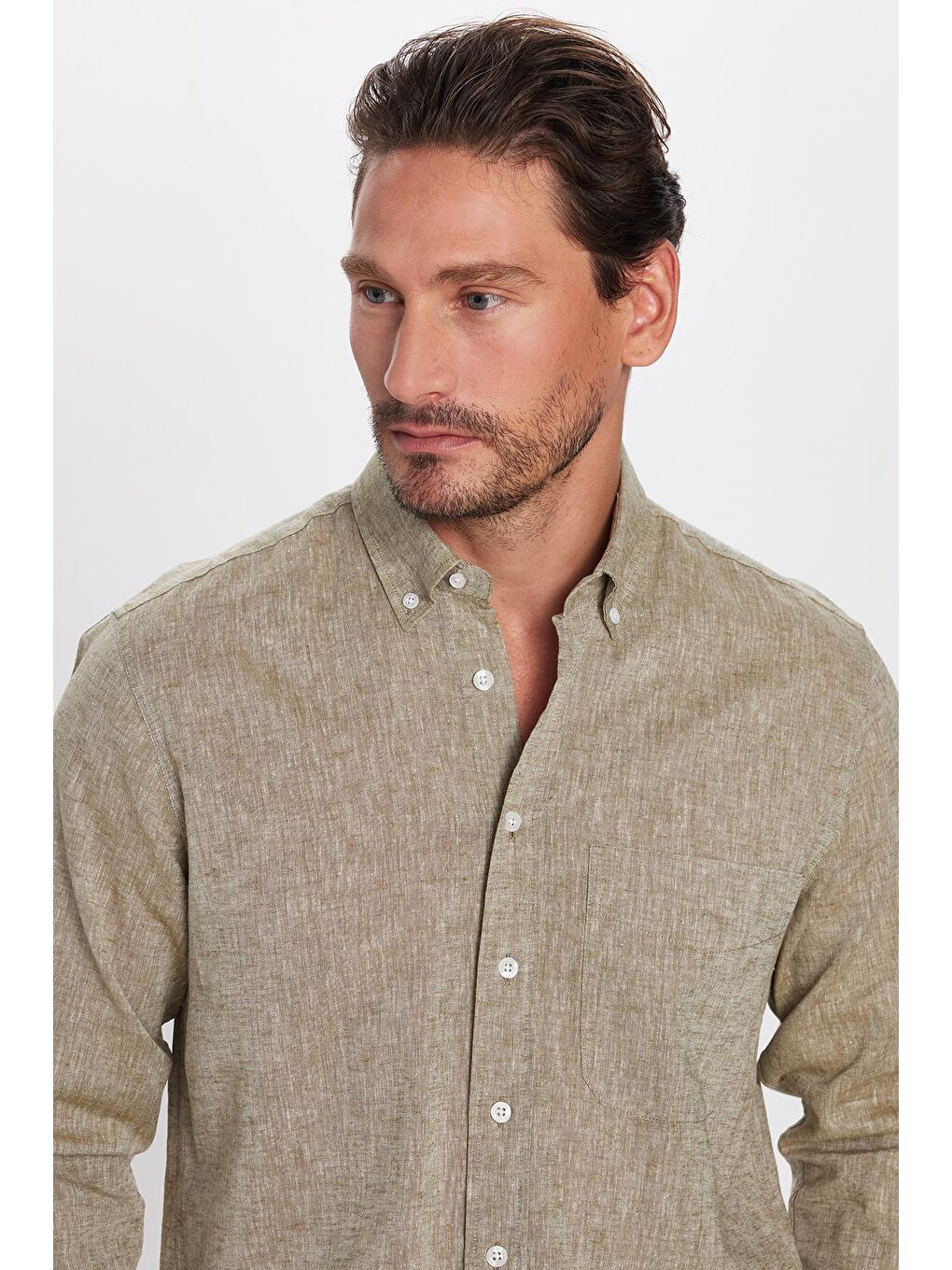 Erkek Regular Fit Klasik Kesim Pamuklu Keten Doku Düğmeli Yaka Yeşil Gömlek-1