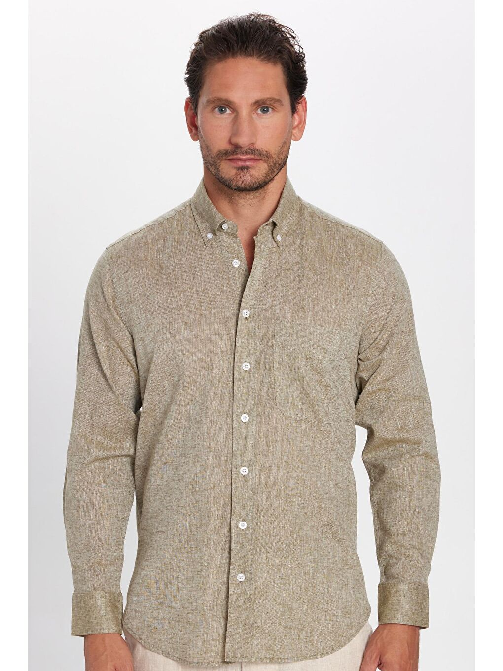 Erkek Regular Fit Klasik Kesim Pamuklu Keten Doku Düğmeli Yaka Yeşil Gömlek-2