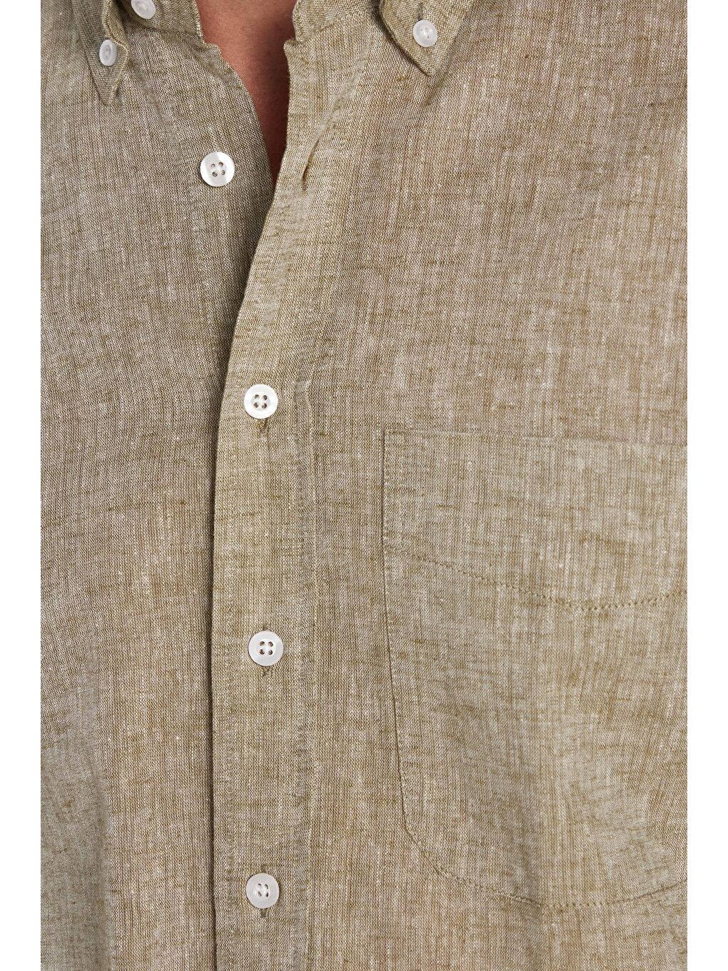 Erkek Regular Fit Klasik Kesim Pamuklu Keten Doku Düğmeli Yaka Yeşil Gömlek-3