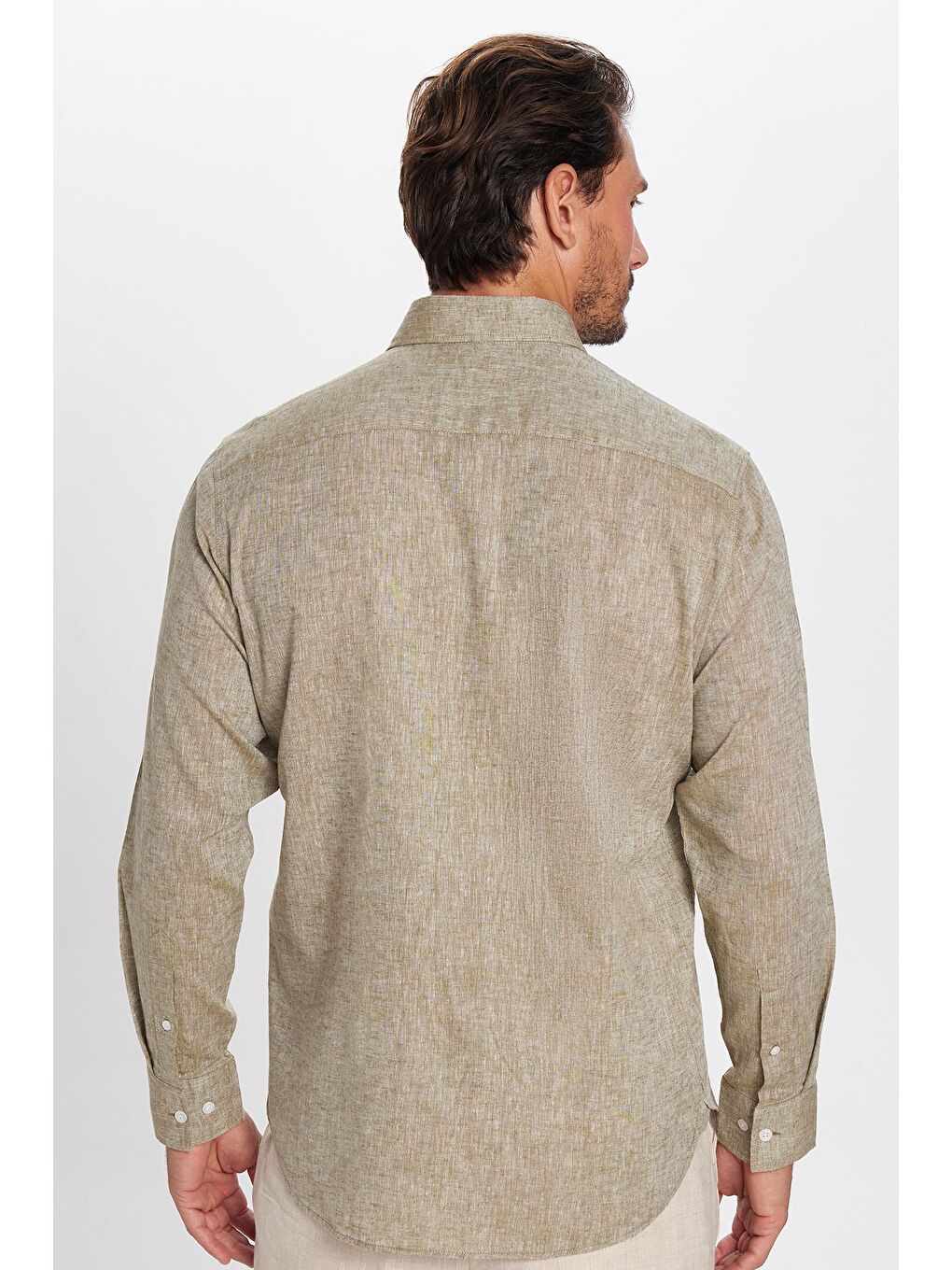 Erkek Regular Fit Klasik Kesim Pamuklu Keten Doku Düğmeli Yaka Yeşil Gömlek-4