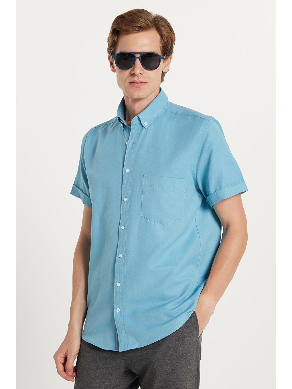 Erkek Klasik Regular Fit Rahat Kesim Düğmeli Spor Yaka Oxford Pamuklu Kısa Kol Mavi Gömlek-3