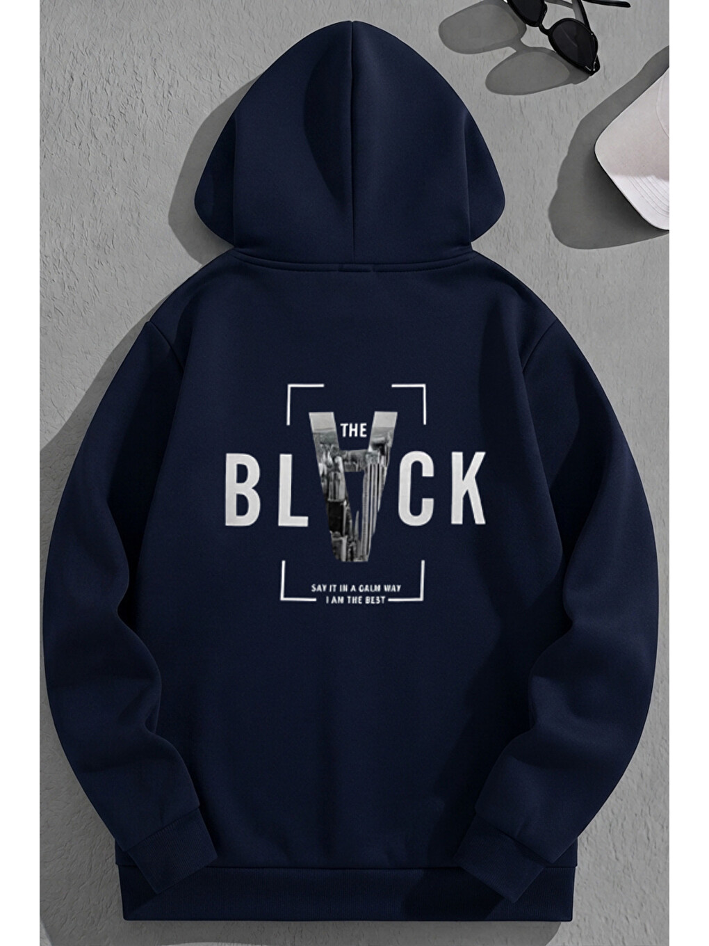 Unisex 3 İplik Pamuklu Lacivert Sırtblack Baskı Bol Kalıp Sweatshirt Hoodie