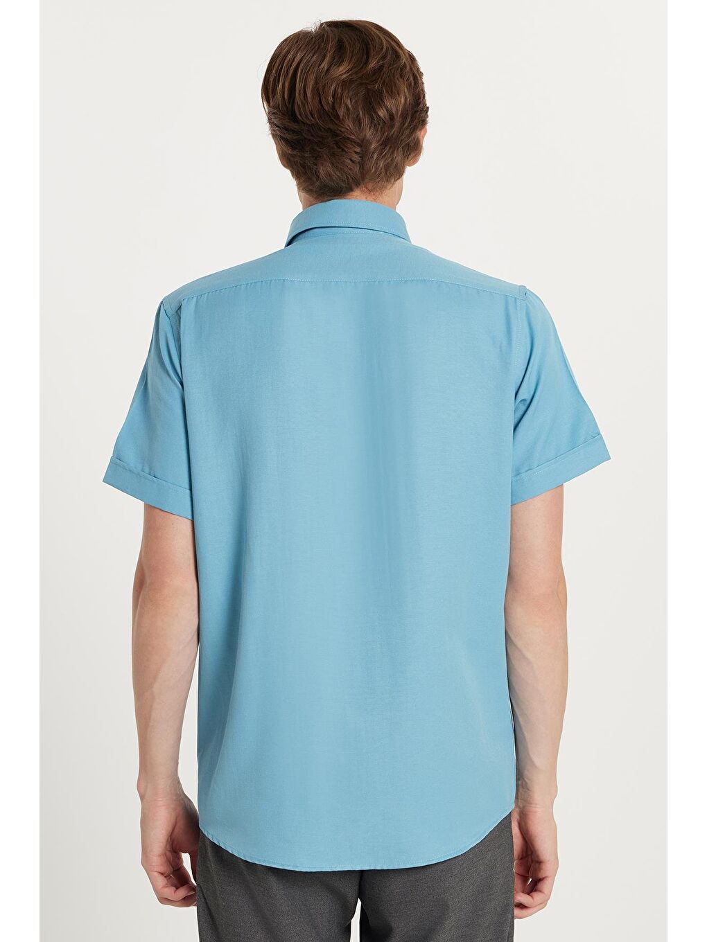 Erkek Klasik Regular Fit Rahat Kesim Düğmeli Spor Yaka Oxford Pamuklu Kısa Kol Mavi Gömlek-4