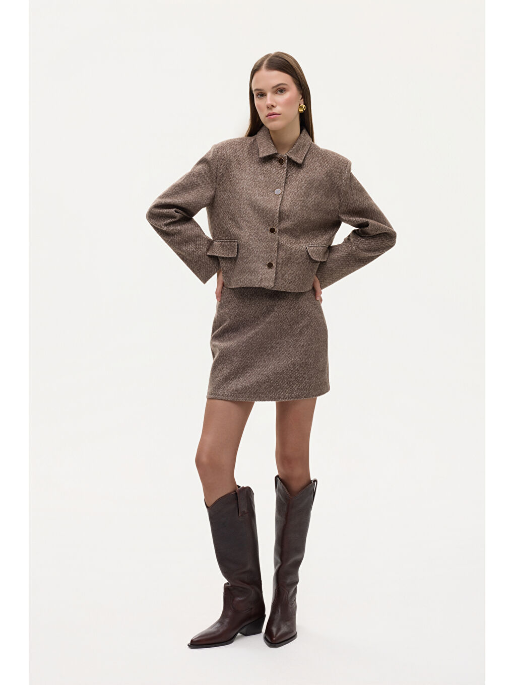 Dokulu Kapak Cepli Düğmeli Ceket Kahverengi-3