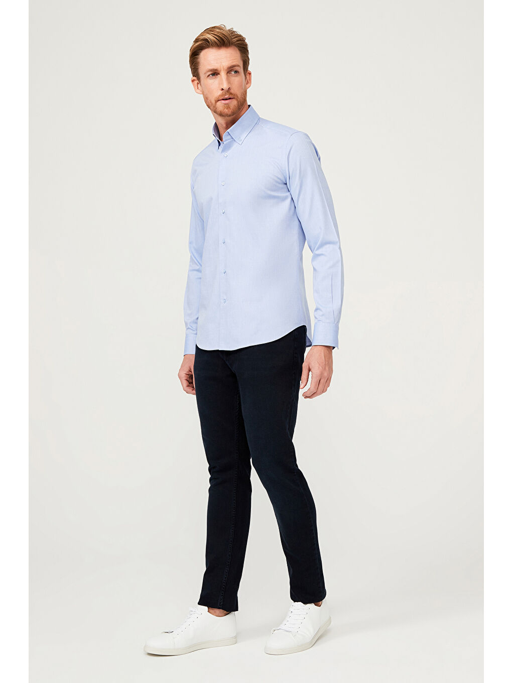 Mavi Uzun Kol Slim Fit Dar Kesim Pamuk %100 Pamuk Gömlek-1