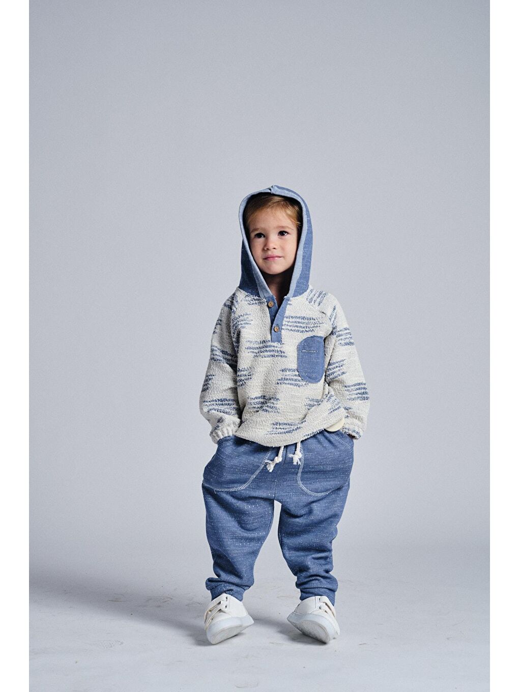 İndigo Unisex Etnik Desen Kapüşonlu 2'li Takım-2