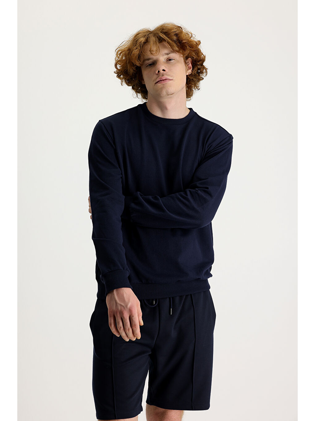 Lacivert Bisiklet Yaka Pamuklu Büyük Beden Sweatshirt