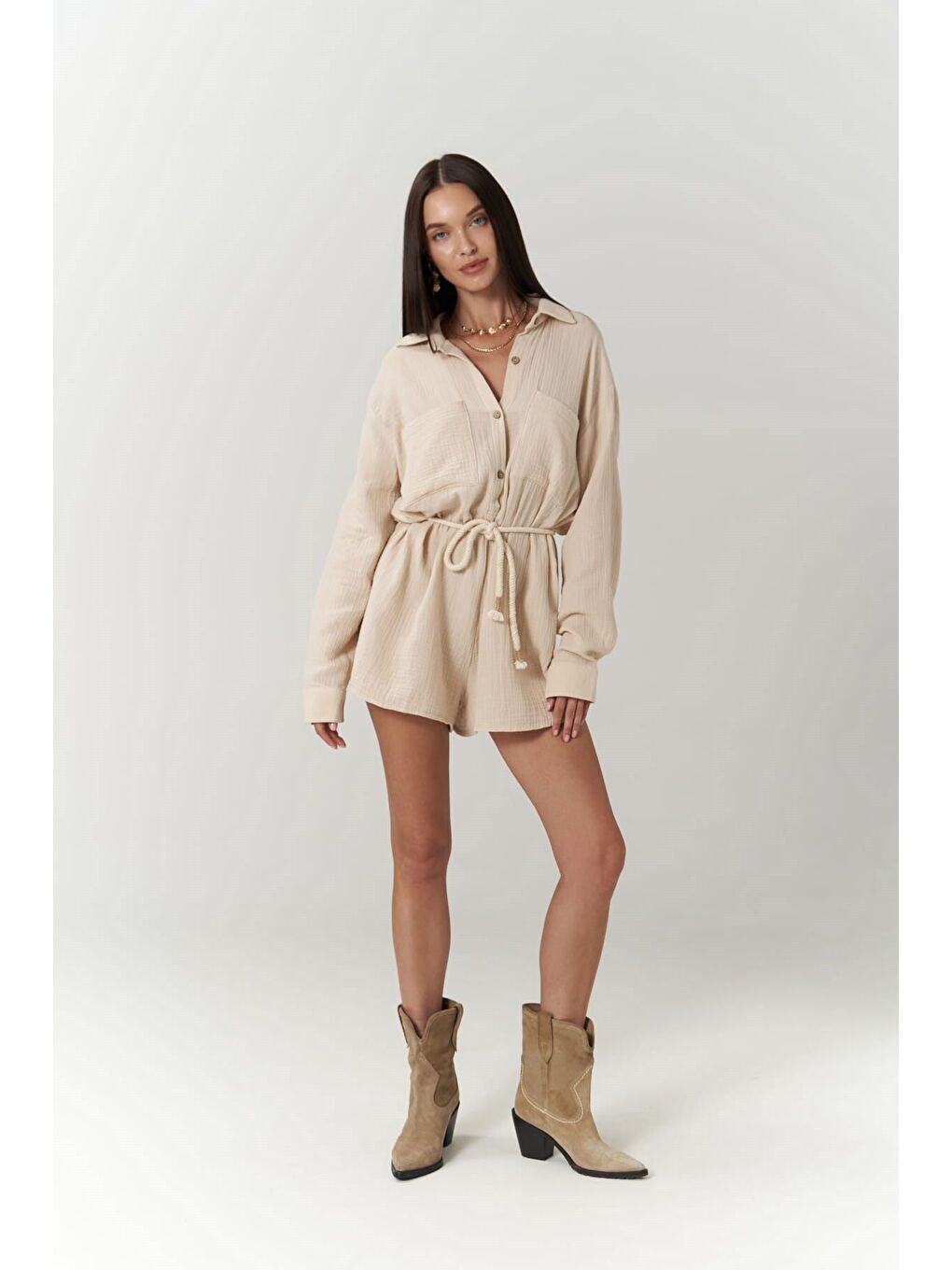 Anetta Bej Müslin Kısa Tulum-5