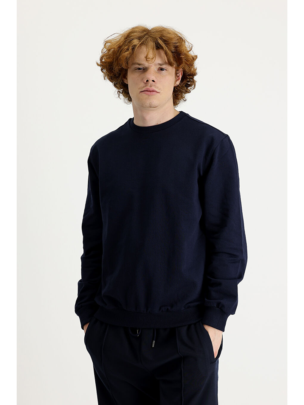 Lacivert Bisiklet Yaka Pamuklu Büyük Beden Sweatshirt-1