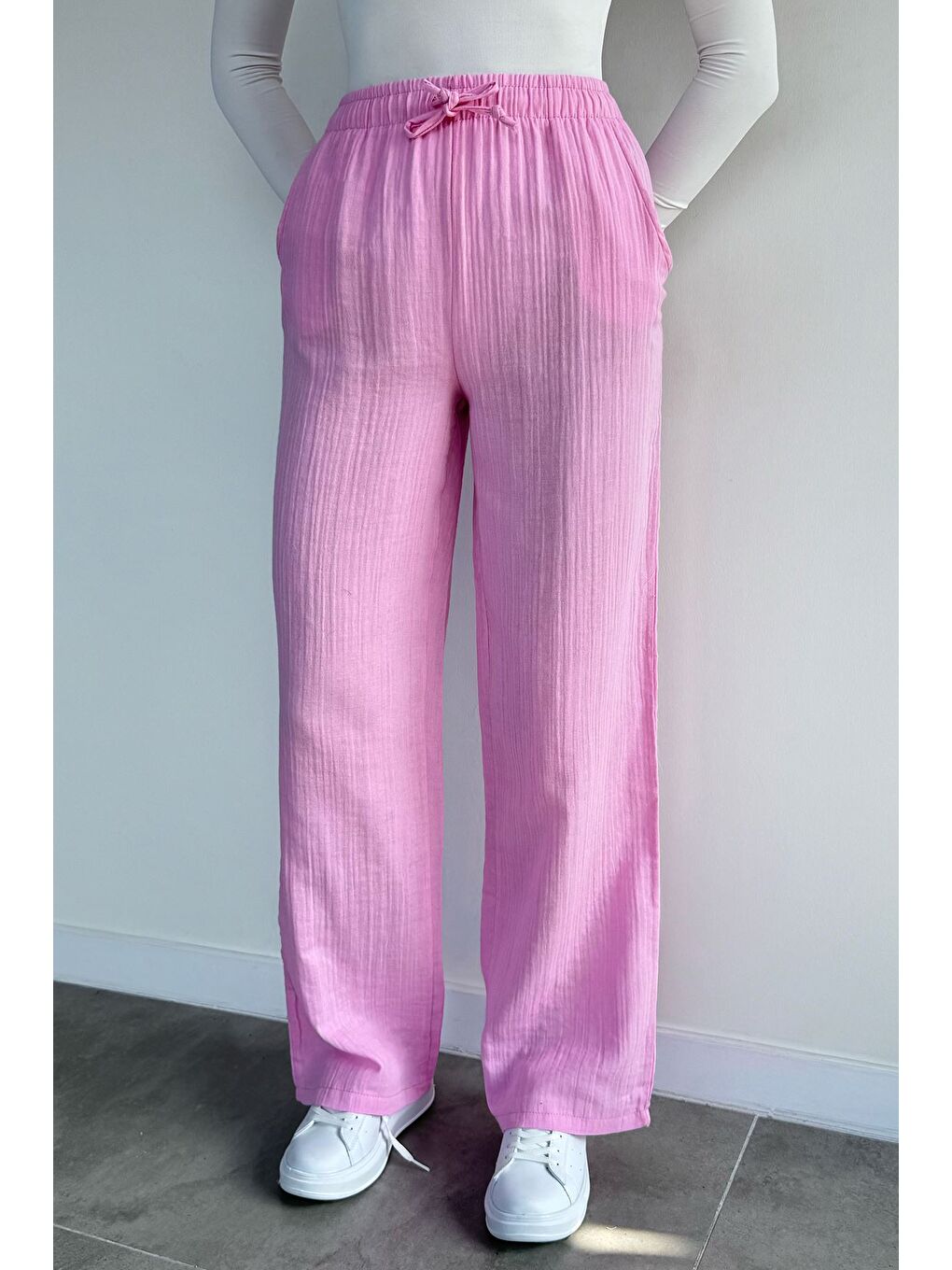 Pembe Kadın Bel Lastikli Müslin Pantolon-1