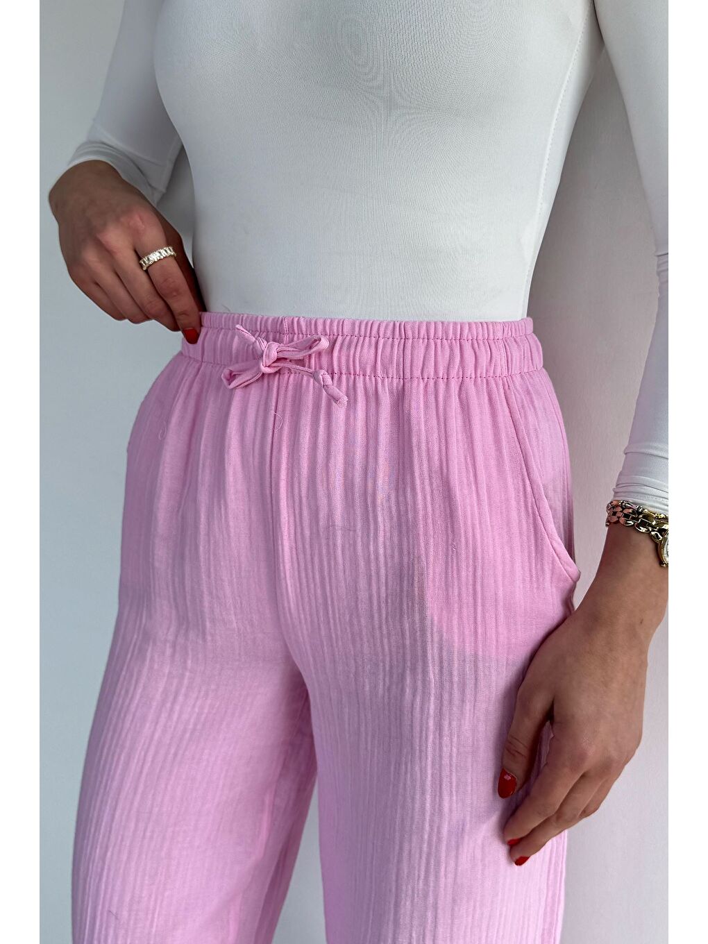 Pembe Kadın Bel Lastikli Müslin Pantolon-2