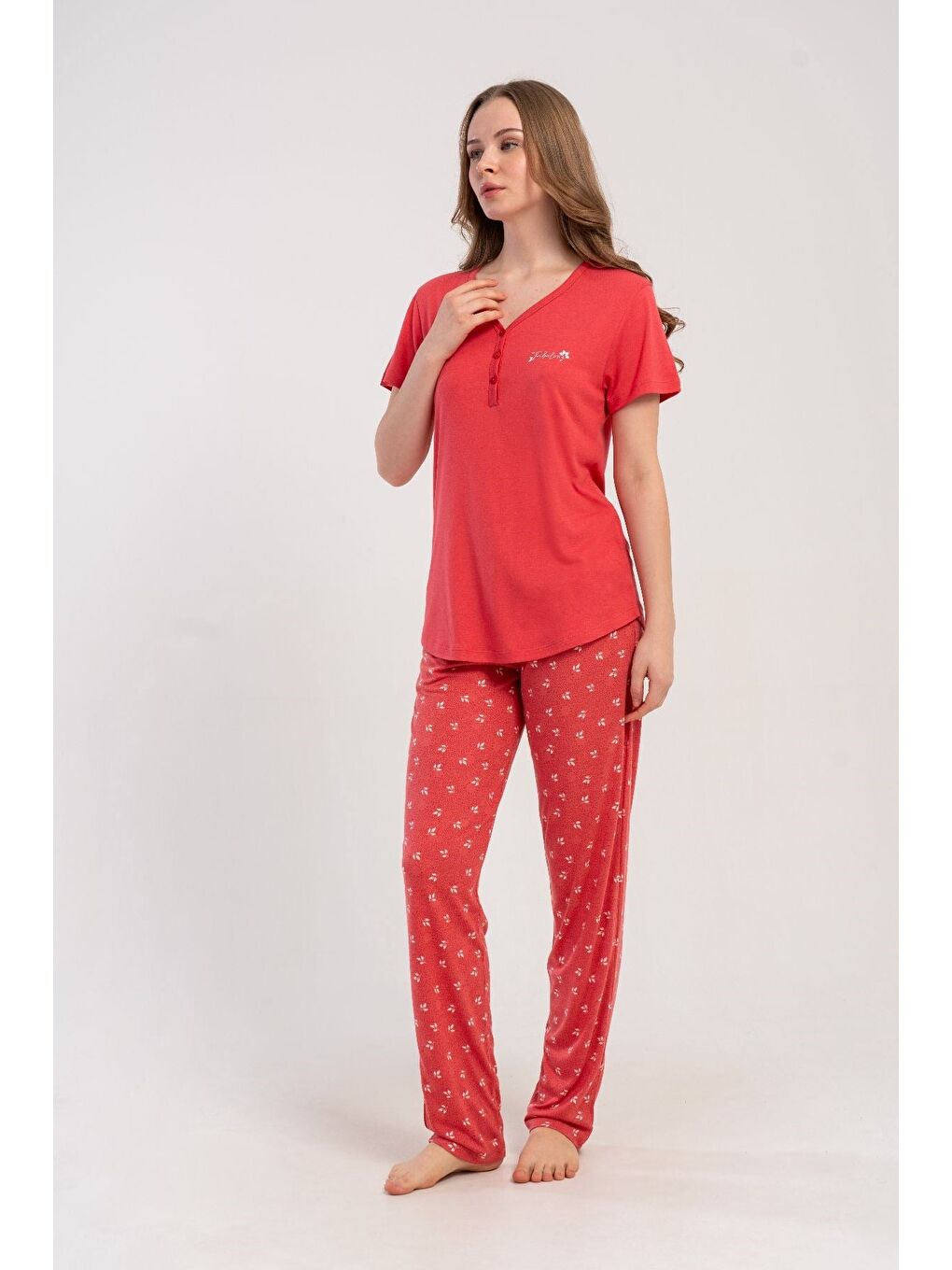 Pembe Damla Yaka Yarım Düğmeli Pijama Takımı Gül Kurusu-512214-2