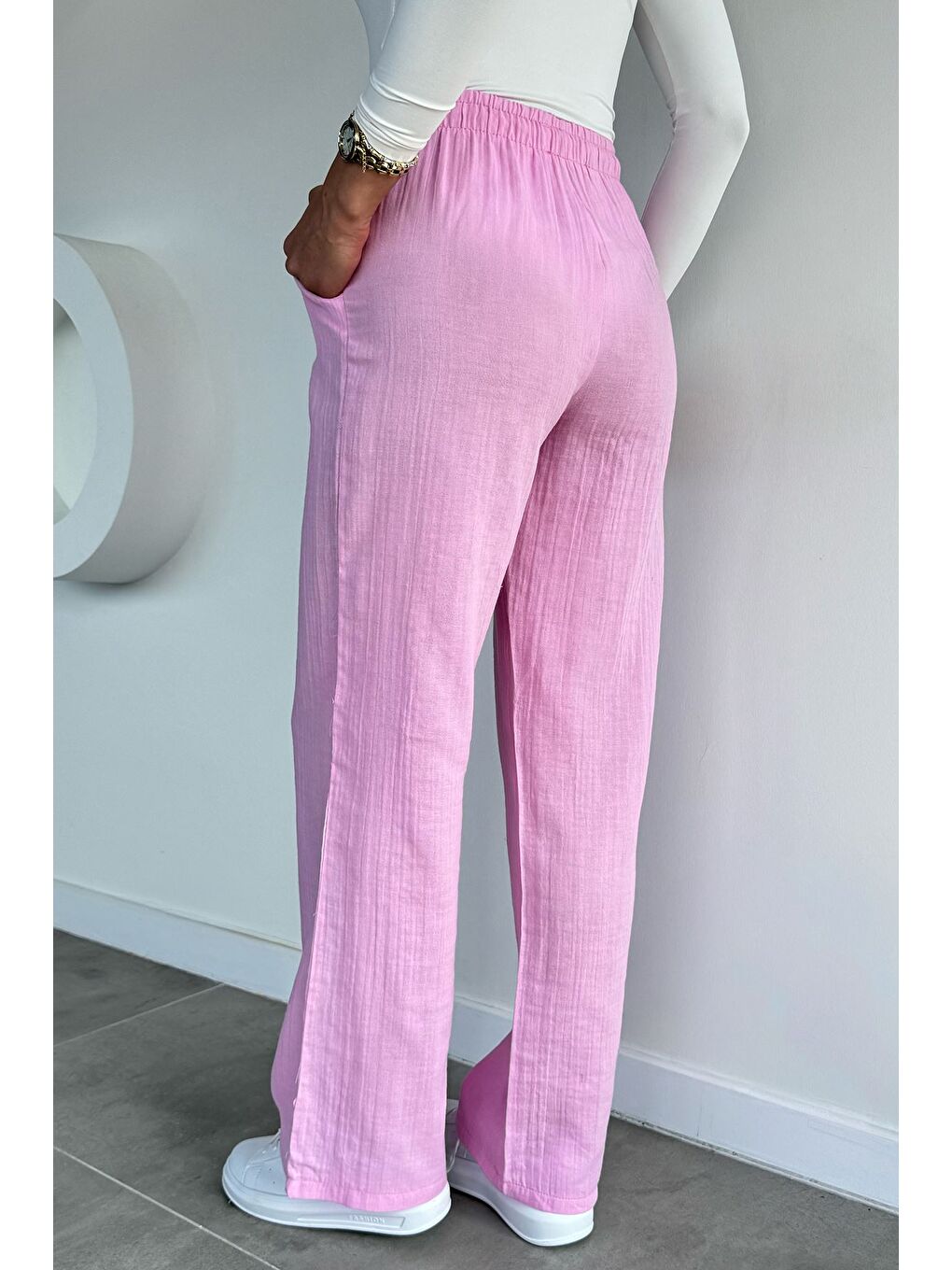 Pembe Kadın Bel Lastikli Müslin Pantolon-3
