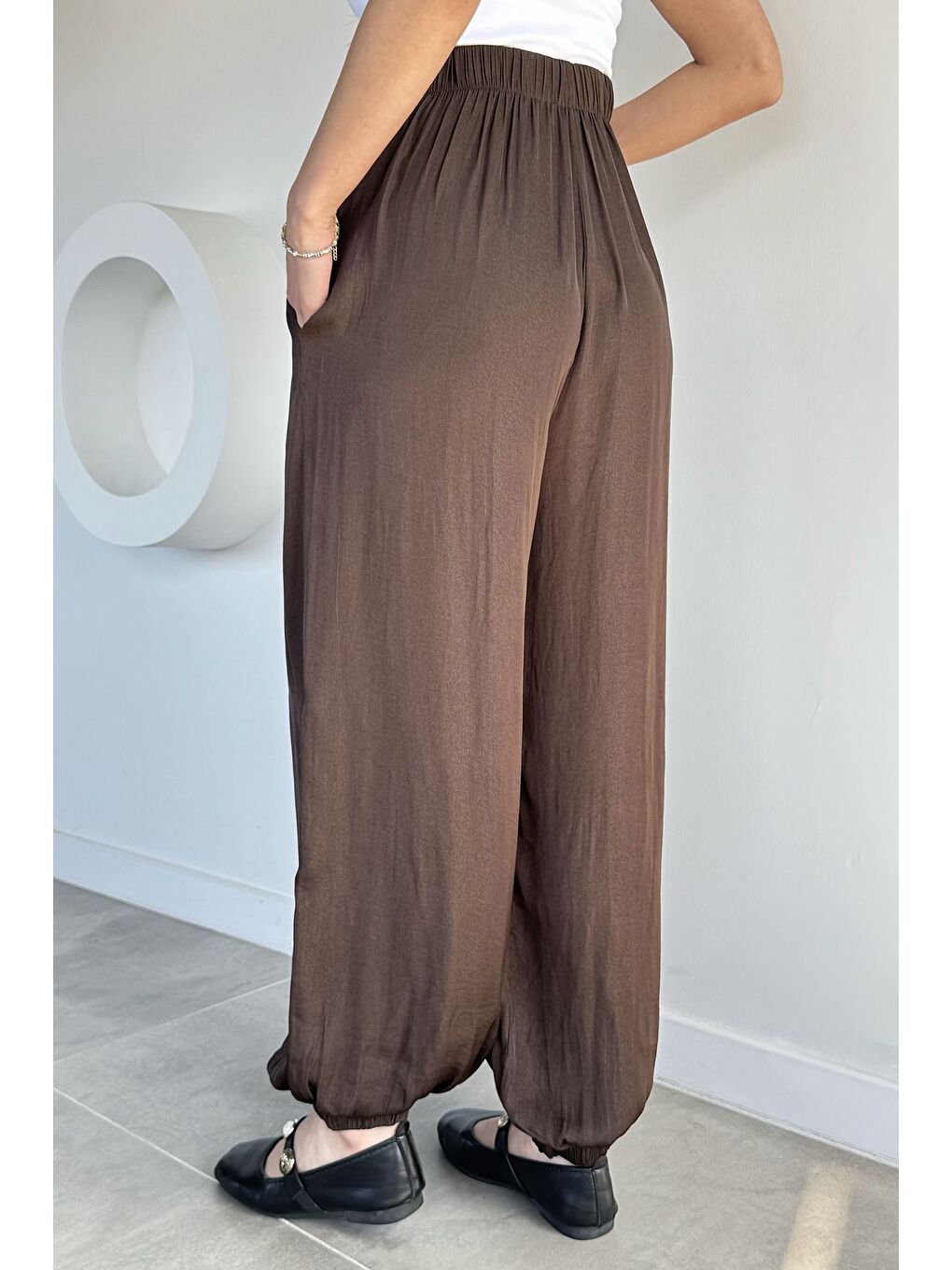 Kahverengi Kadın Bel Ve Paça Lastikli Şalvar Model Pantolon-2