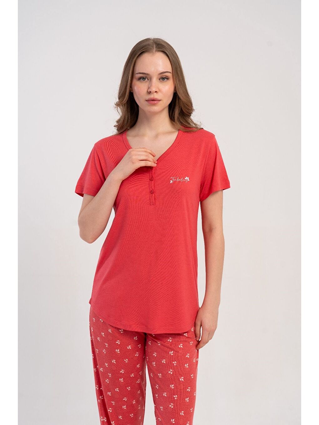 Pembe Damla Yaka Yarım Düğmeli Pijama Takımı Gül Kurusu-512214-3