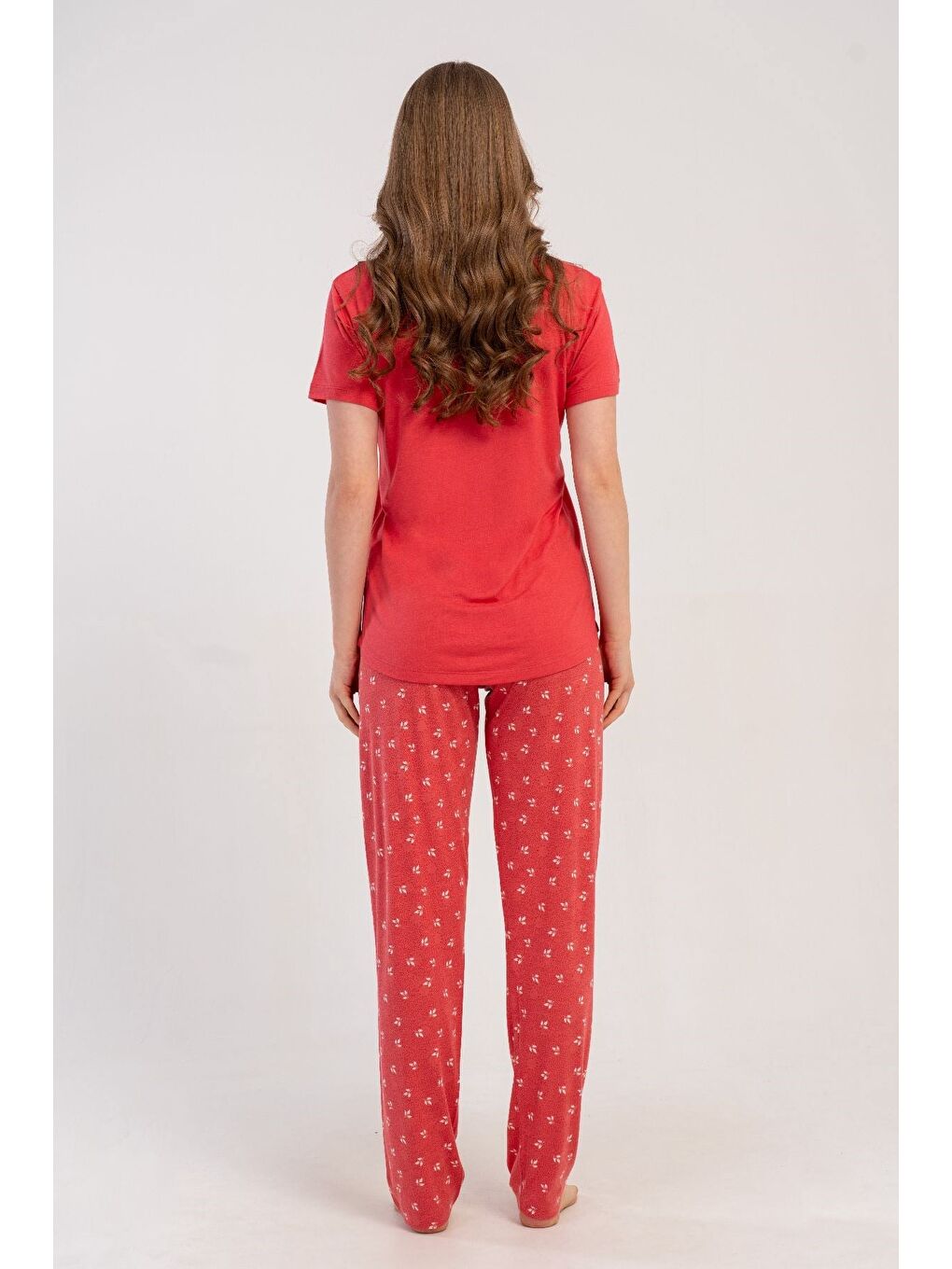 Pembe Damla Yaka Yarım Düğmeli Pijama Takımı Gül Kurusu-512214-4