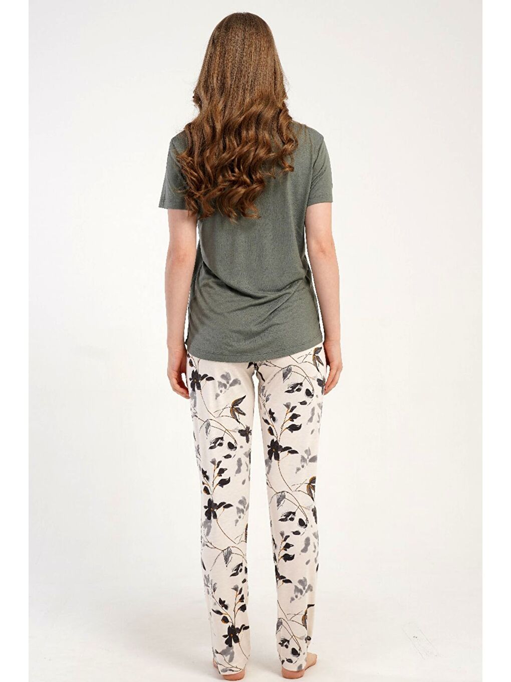 Damla Yaka Yarım Düğmeli Pijama Takımı Gri-512226-2