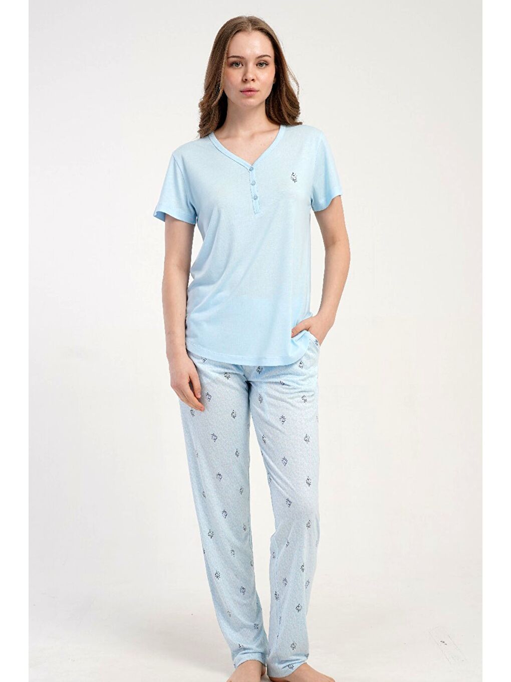 Damla Yaka Yarım Düğmeli Pijama Takımı Açık Mavi-512230-1