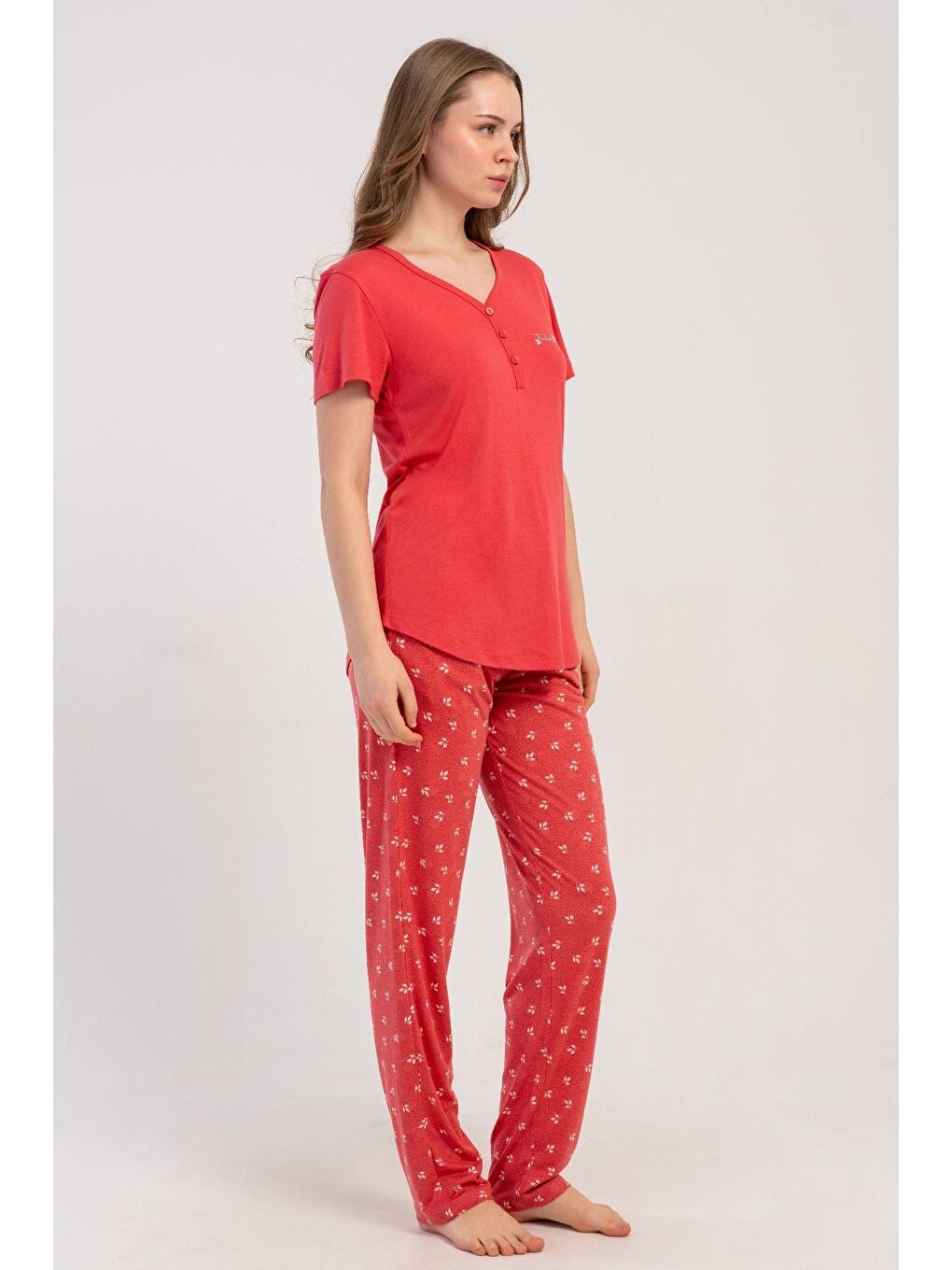 Pembe Damla Yaka Yarım Düğmeli Pijama Takımı Gül Kurusu-512214-5