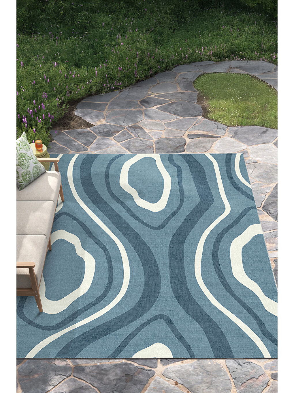 Mavi Dekoratif Salon Halısı, Makinada Yıkanabilir, Kaymaz Taban, İnce & Modern Tasarım-4