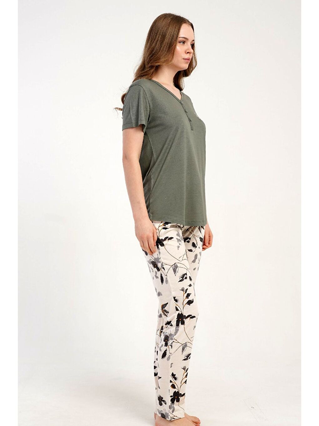 Damla Yaka Yarım Düğmeli Pijama Takımı Gri-512226-3