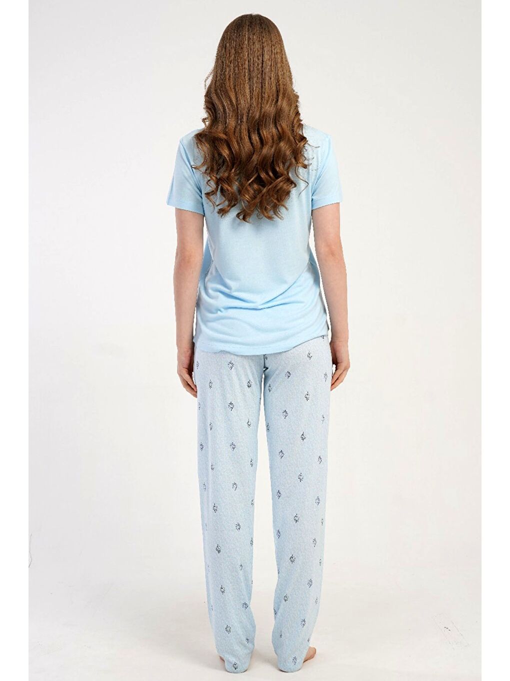Damla Yaka Yarım Düğmeli Pijama Takımı Açık Mavi-512230-2
