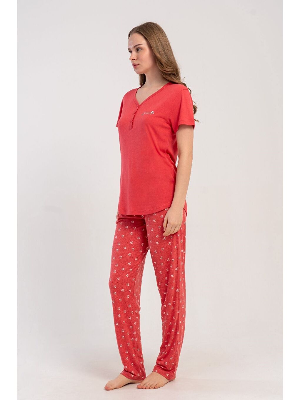 Pembe Damla Yaka Yarım Düğmeli Pijama Takımı Gül Kurusu-512214-6