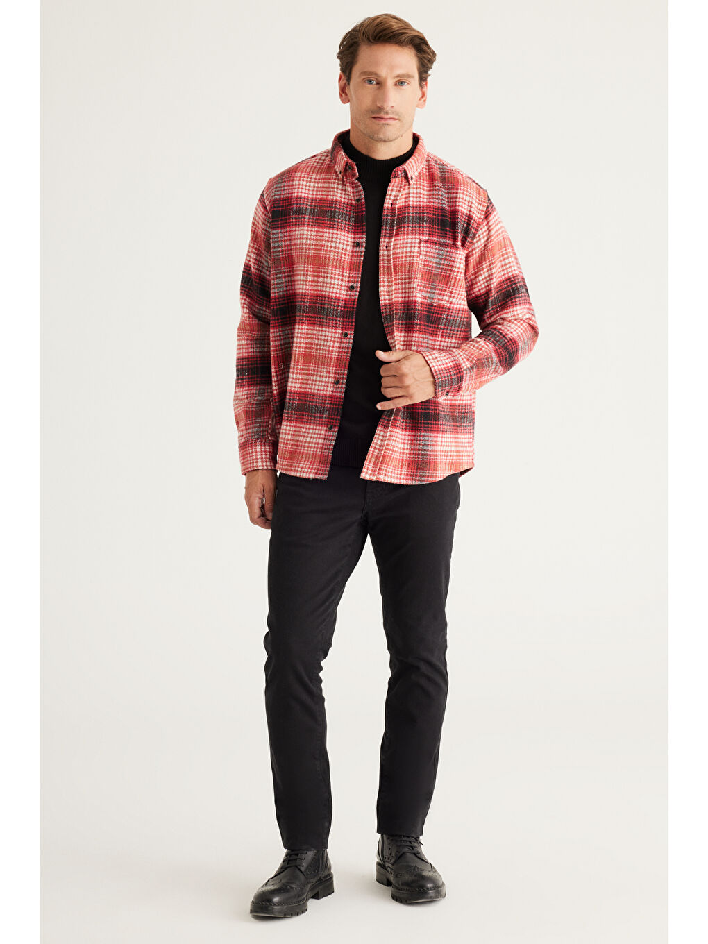 Erkek Kırmızı-Siyah Comfort Fit Geniş Kesim Düğmeli Yaka Ekose Desenli Flanel Oduncu Gömlek-1
