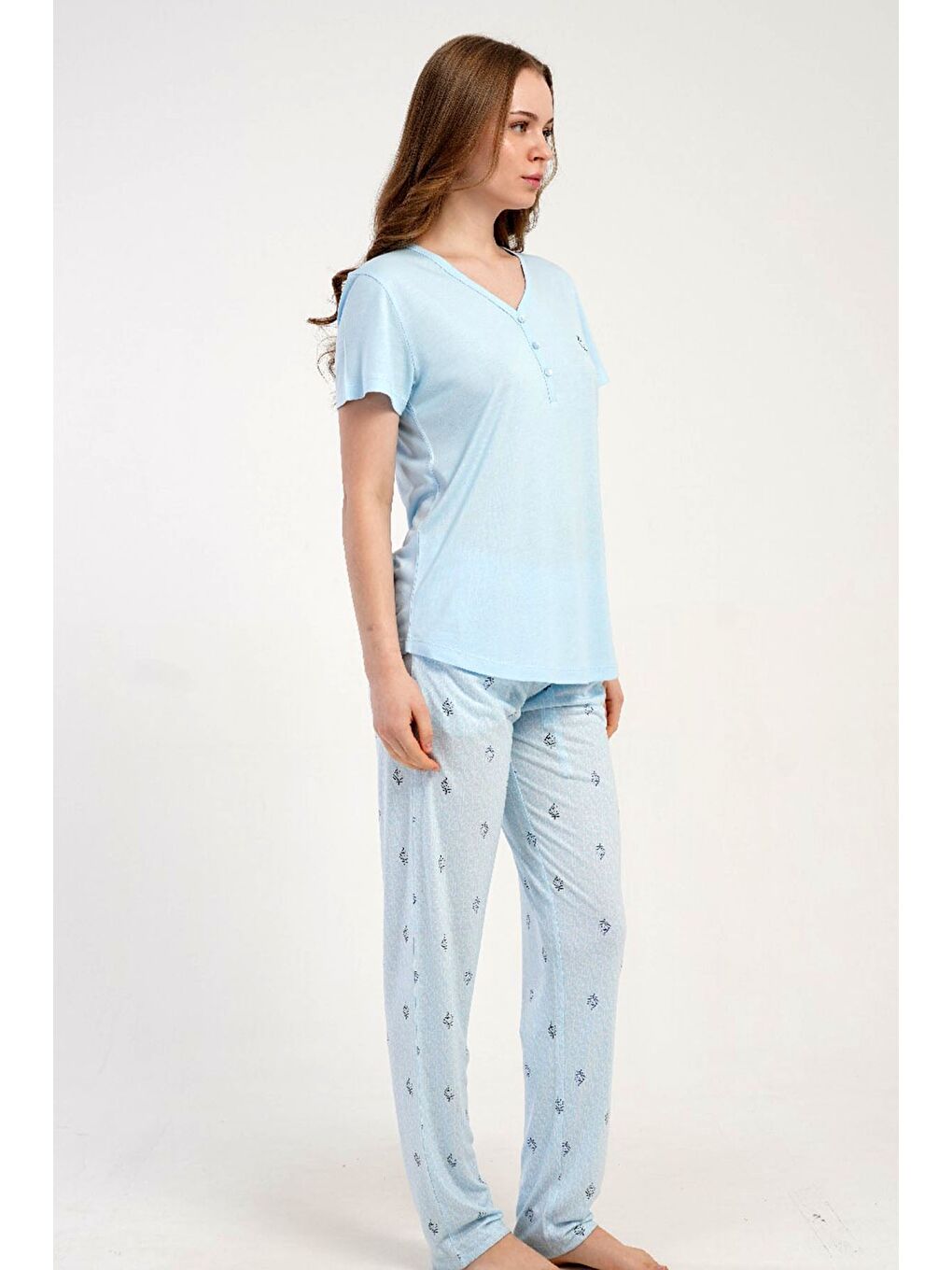 Damla Yaka Yarım Düğmeli Pijama Takımı Açık Mavi-512230-3