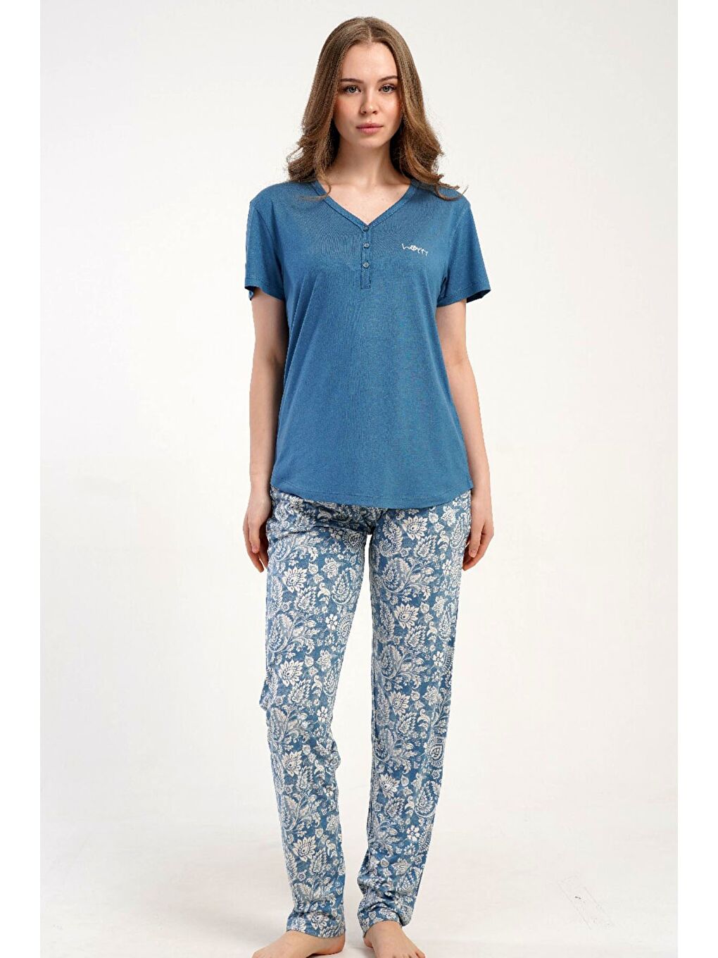 Damla Yaka Yarım Düğmeli Pijama Takımı Mavi-512276