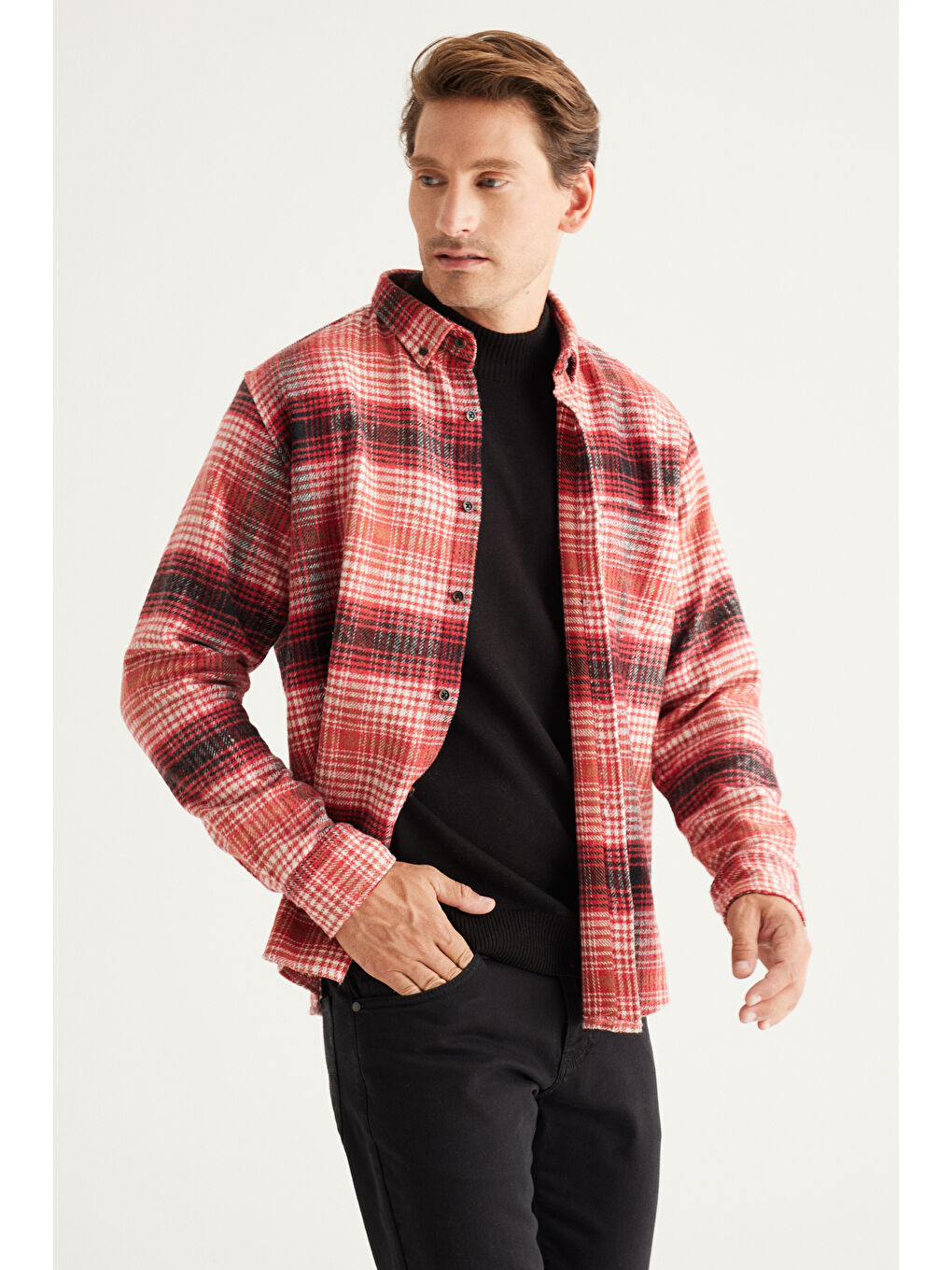 Erkek Kırmızı-Siyah Comfort Fit Geniş Kesim Düğmeli Yaka Ekose Desenli Flanel Oduncu Gömlek-4