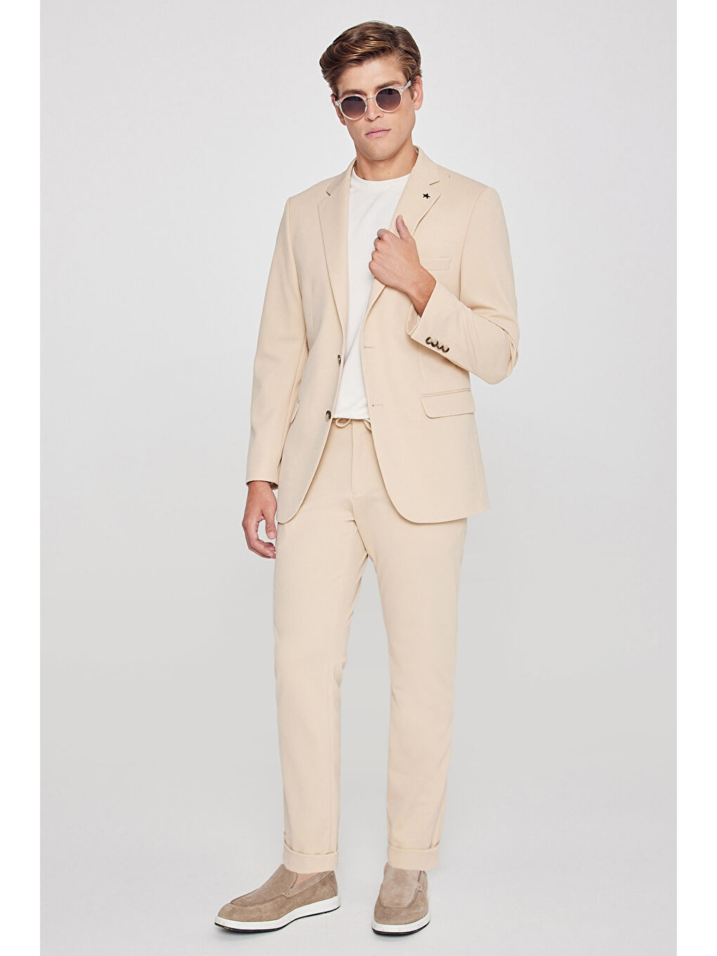 Erkek Bej Slim Fit Dar Kesim Mono Yaka Beli Bağlamalı Kapak Cepli Esnek Takım Elbise-2