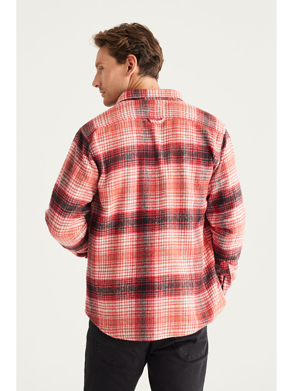 Erkek Kırmızı-Siyah Comfort Fit Geniş Kesim Düğmeli Yaka Ekose Desenli Flanel Oduncu Gömlek-5