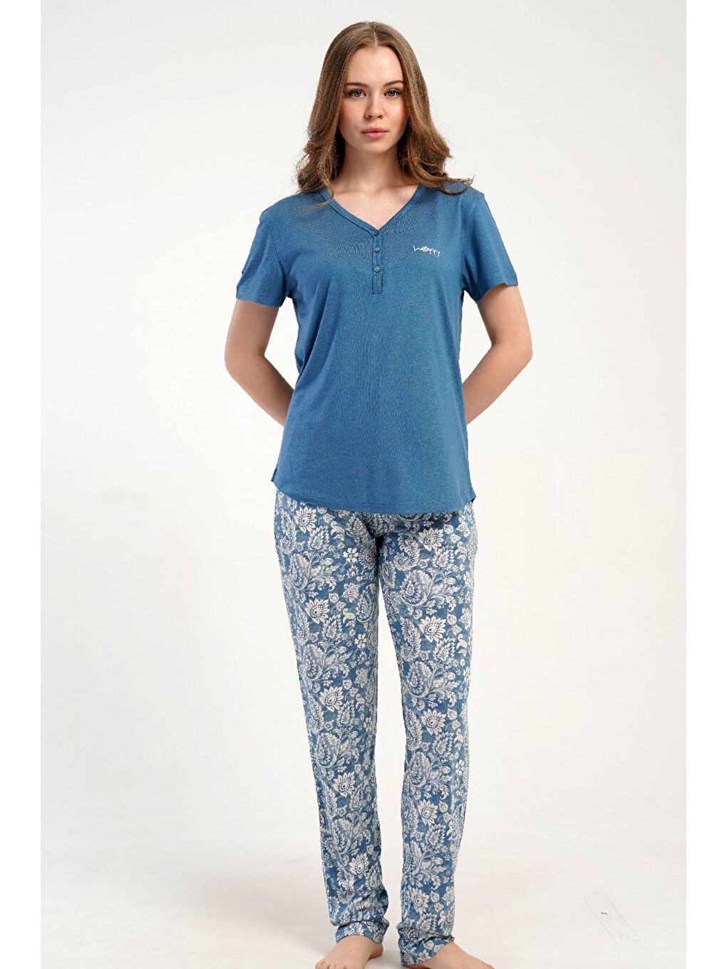 Damla Yaka Yarım Düğmeli Pijama Takımı Mavi-512276-1