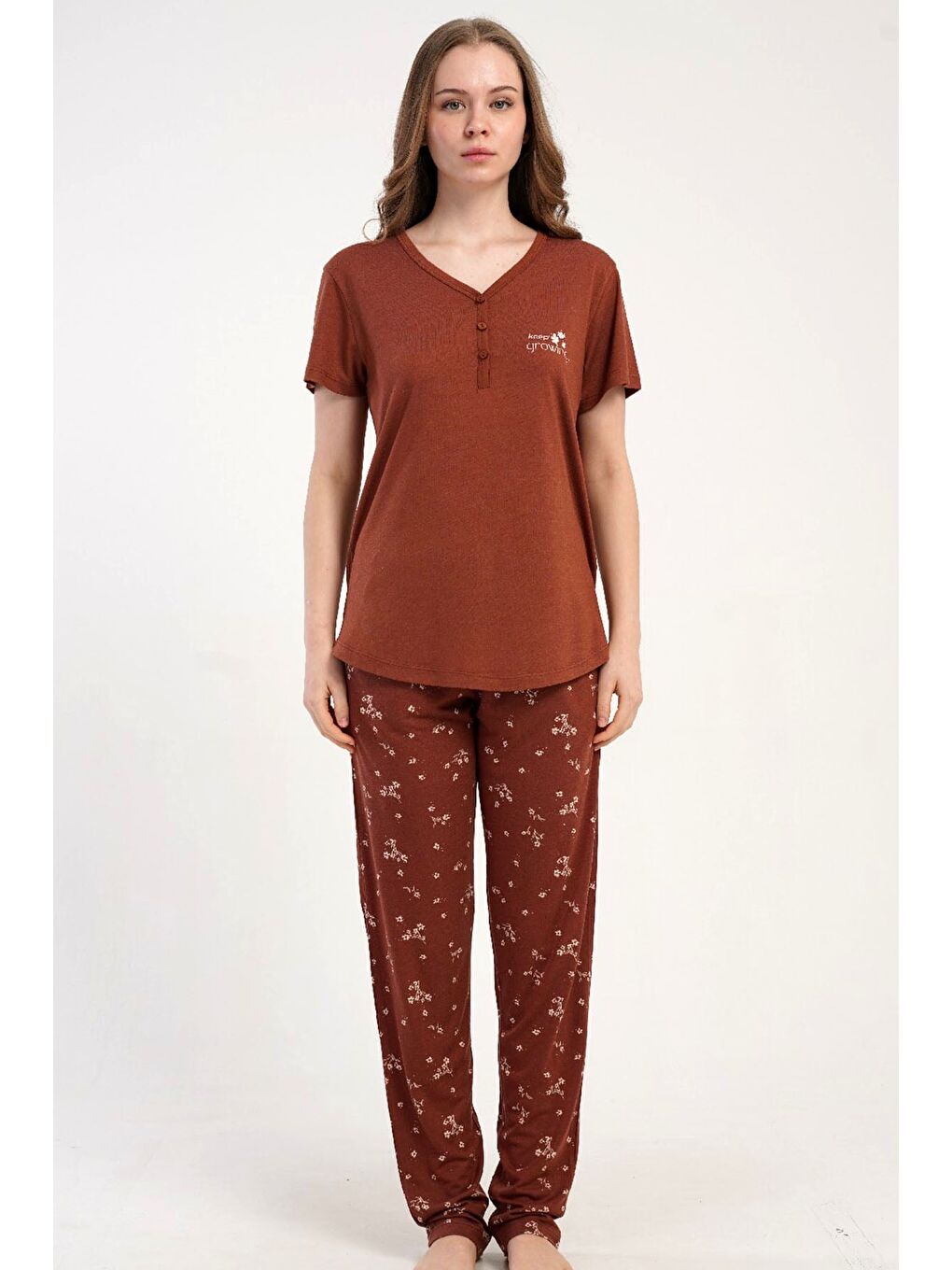 Kahverengi Damla Yaka Yarım Düğmeli Pijama Takımı Kiremit-512242-1