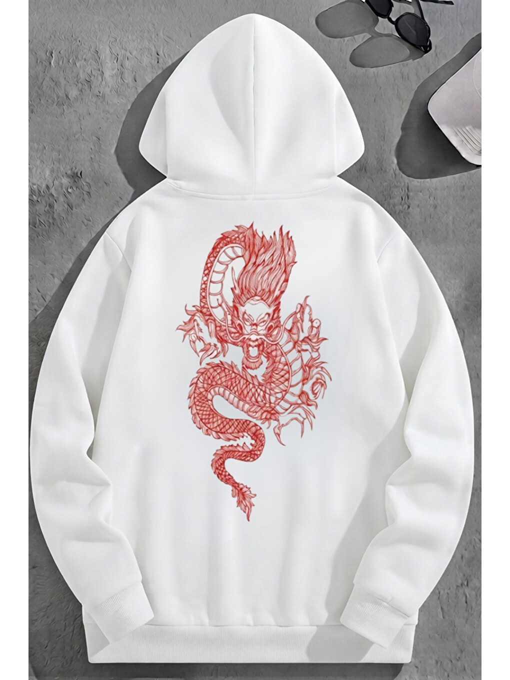 Unisex 3 İplik Pamuklu Beyaz Reddragon Baskı Bol Kalıp Sweatshirt Hoodie